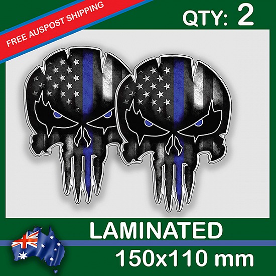 Punisher Skull, QTY 2, DECAL STICKER (LAMINATED) Die Cut for Car ,Ute, Caravan, 4x4